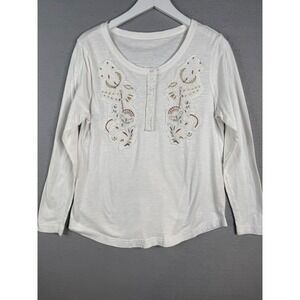 Soft Surroundings Henley Top Women Medium White Embroidered Boho Coastal Casual